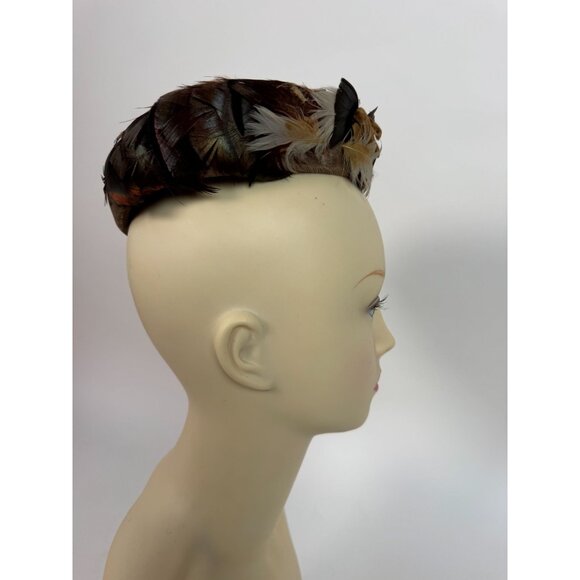 Vintage Feathered Fascinator Hat Brown & Beige Woven Design Womens Accessory Ele - Picture 1 of 14